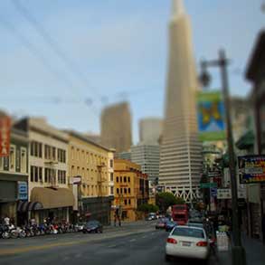 Motorcycles line up on San Francisco's Columbus Avenue